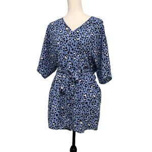 VGC Pretty Garden Blue Leopard Print V-Neck 1/2 Sleeve Sash Pocket Romper Large